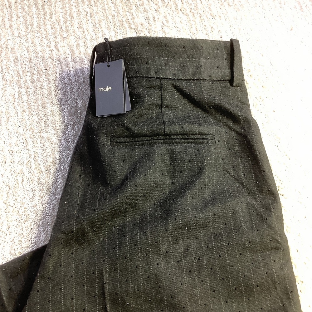 Maje Panoir Black Pinstripe Rhinestone Wide Leg Trousers Pants Size 38 NWT